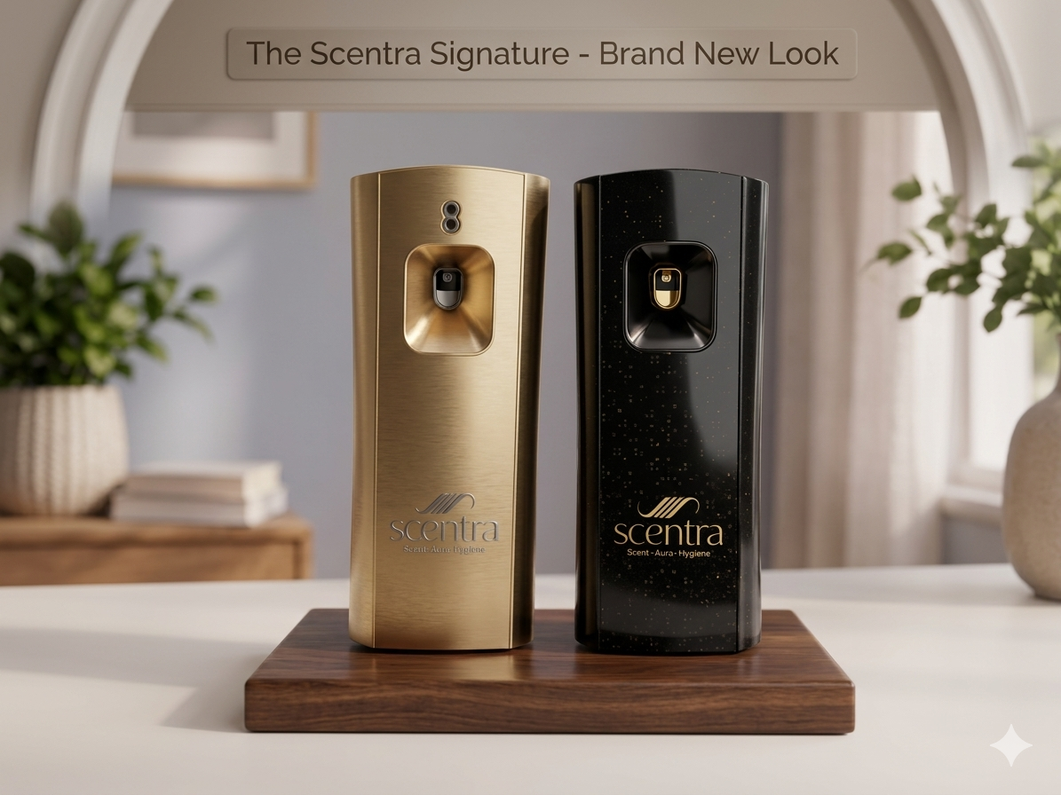 Gold and black Scentra automatic air freshener dispensers