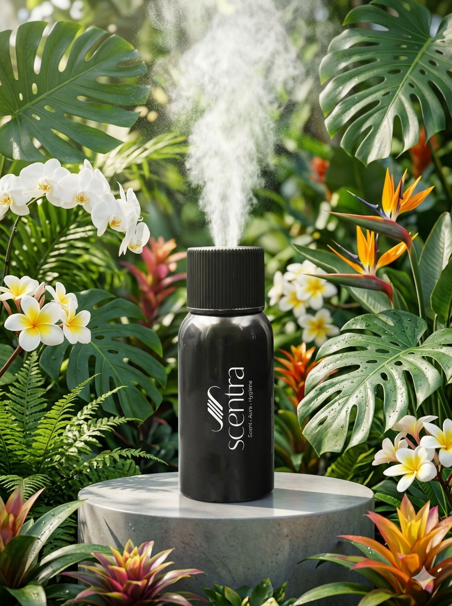 Scentra air freshener surrounded by tropical foliage and flowers