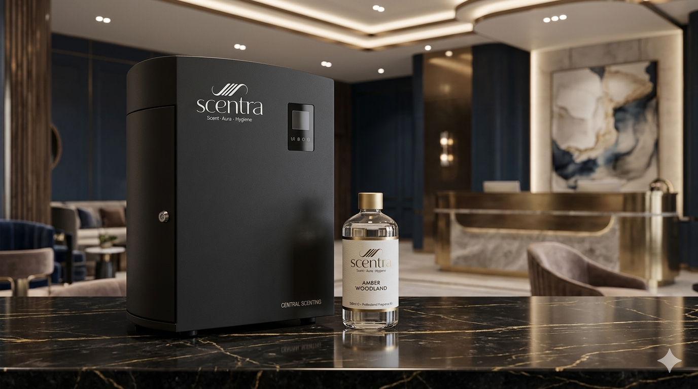 Scentra central scent diffuser and Amber Woodland fragrance oil in a premium interior