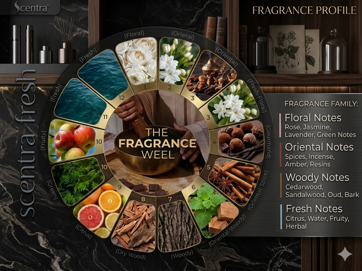 Scentra fragrance profile wheel showing floral, oriental, woody and fresh scent families