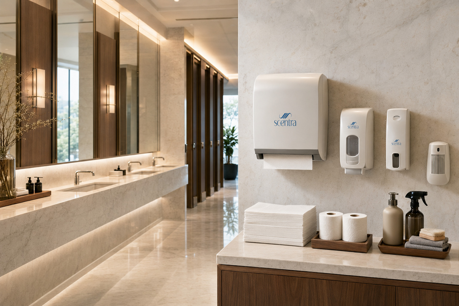 Luxury commercial washroom equipped with Scentra hygiene products and dispensers